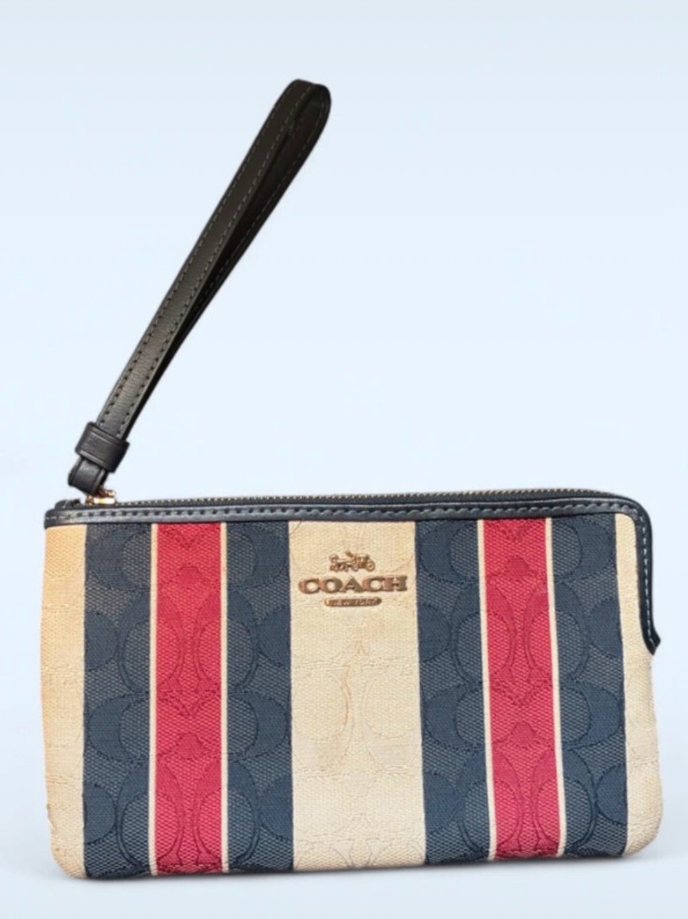 Coach Striped Signature Wristlet in Navy, Red & Cream